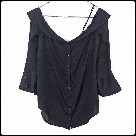 Free People Tops - FREE PEOPLE Black Walk This Way Button Up Bell Sleeve Blouse Top Size: X-Small